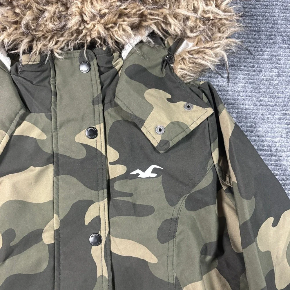 Hollister Kids All-Weather Bomber Jacket Camo Faux Fur Hood Green Small 3009